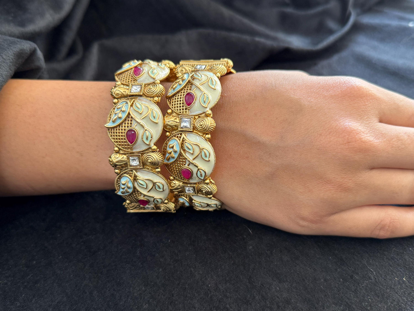 Ivory Enamel Leaf Kada - Hand-painted bridal kada.