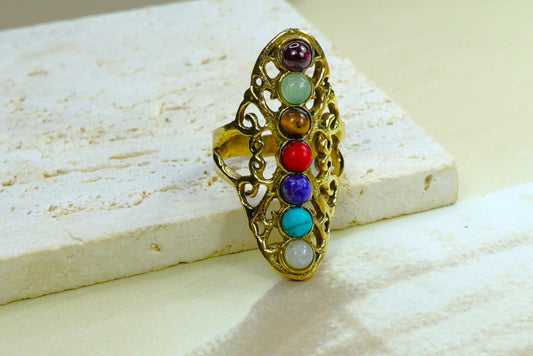 Bohemian Chakra Multi-Stone Adjustable Ring – Vintage Brass Statement Ring