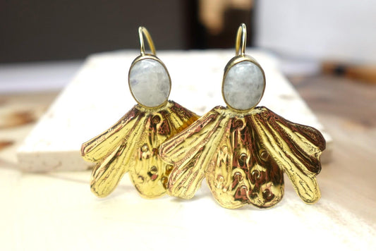 Textured Gold Bloom Earrings with Moonstone/Labradorite Tops – Brass Boho Statement.