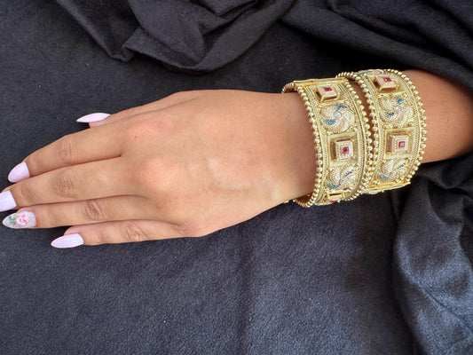 Square Ruby Bridal Kada - Heavily carved kada.