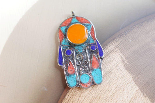 Large Hamsa Pendant, Tibetan Nepal, Amber, Lapis, Turquoise, Coral Stone Pendant, Fatima Hands hand of Fatima.