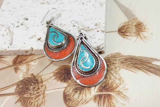Tibetan silver earrings in boho style with turquoise stone and coral.