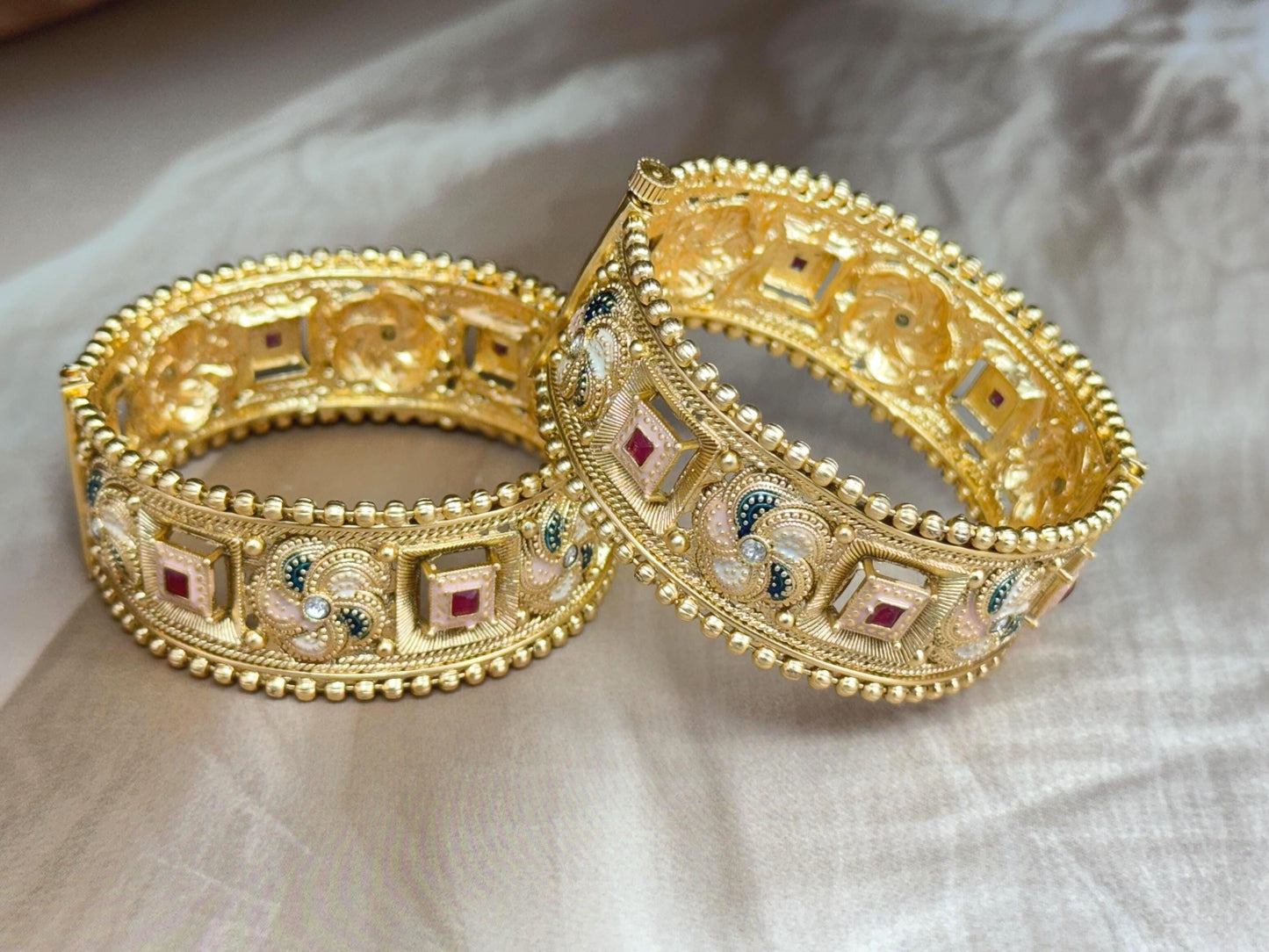 Square Ruby Bridal Kada - Heavily carved kada.