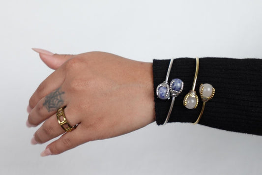 Gem Duo Adjustable Wire Bangles - Delicate wire bangles with paired gemstones