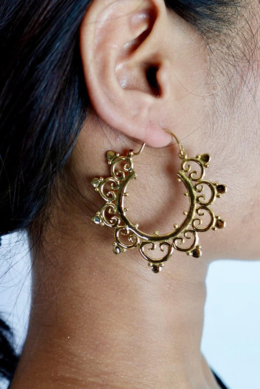 Sunburst Scroll Hoops - Mandala Brass Earrings with Ethnic Scallop Detailing.