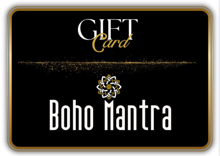 Boho Mantra gift card with black background and gold accents