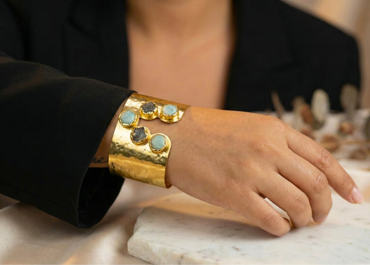 Handcrafted Gold-Plated Gemstone Adjustable Cuff Bracelet with Natural Stones.