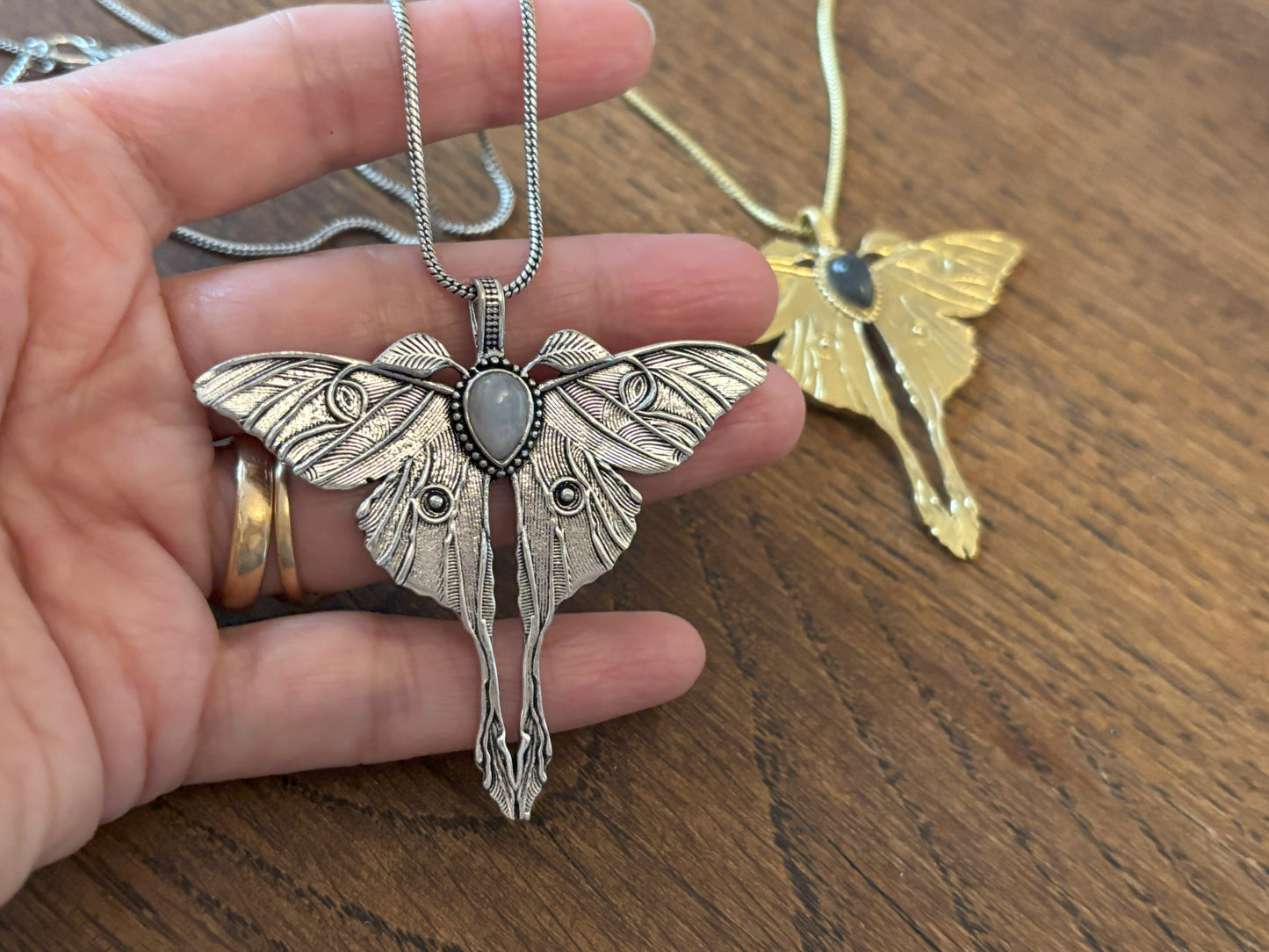 Gold/Sliver Luna Moth Necklace with Labradorite/Moonstone – Nature-Inspired Boho Statement Pendant.