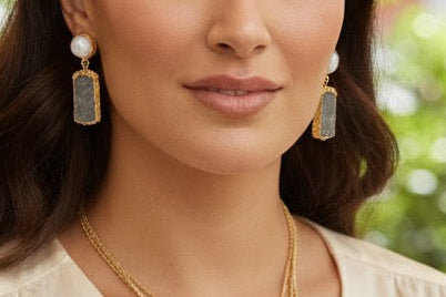 Gold-Plated Drop Earrings with Freshwater Pearl & Raw Stone Statement Earrings.