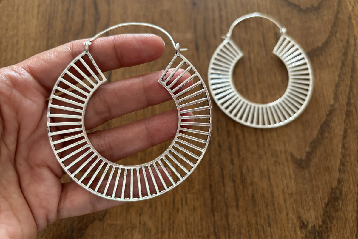 Sundial Line Hoops - Structured Brass Hoop Earrings with Sunray Cut Design.