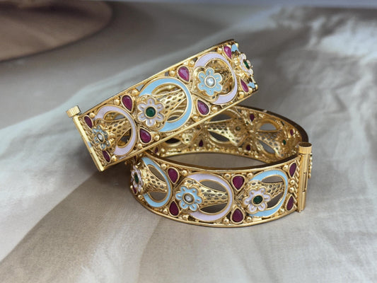 Pastel Floral Arch Kada - Unique pastel-toned openable kada with floral enamel work and teardrop rubies in oval layout.