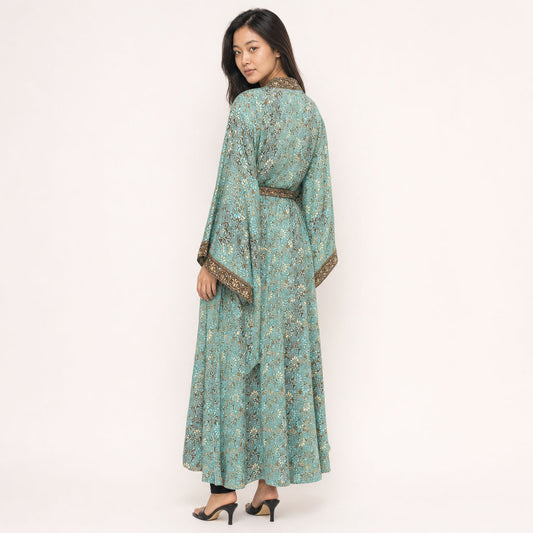 Back view of Metallic Floral Viscose Kimono Gilded Garden showing drape and border trim
