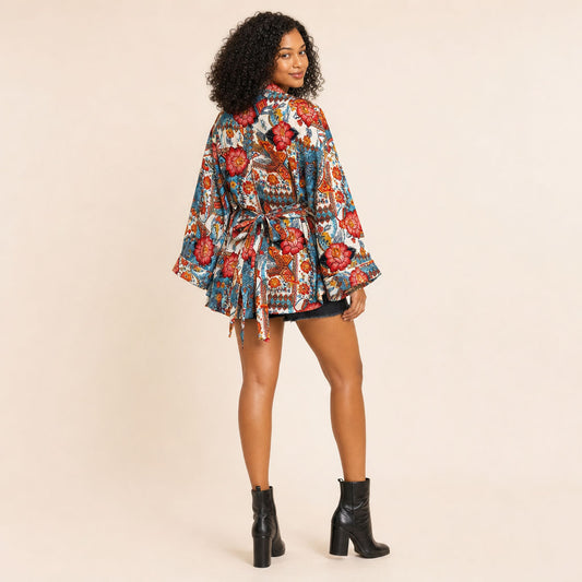 Back view of Floral Patchwork Kimono showing self-fabric belt bow at waist