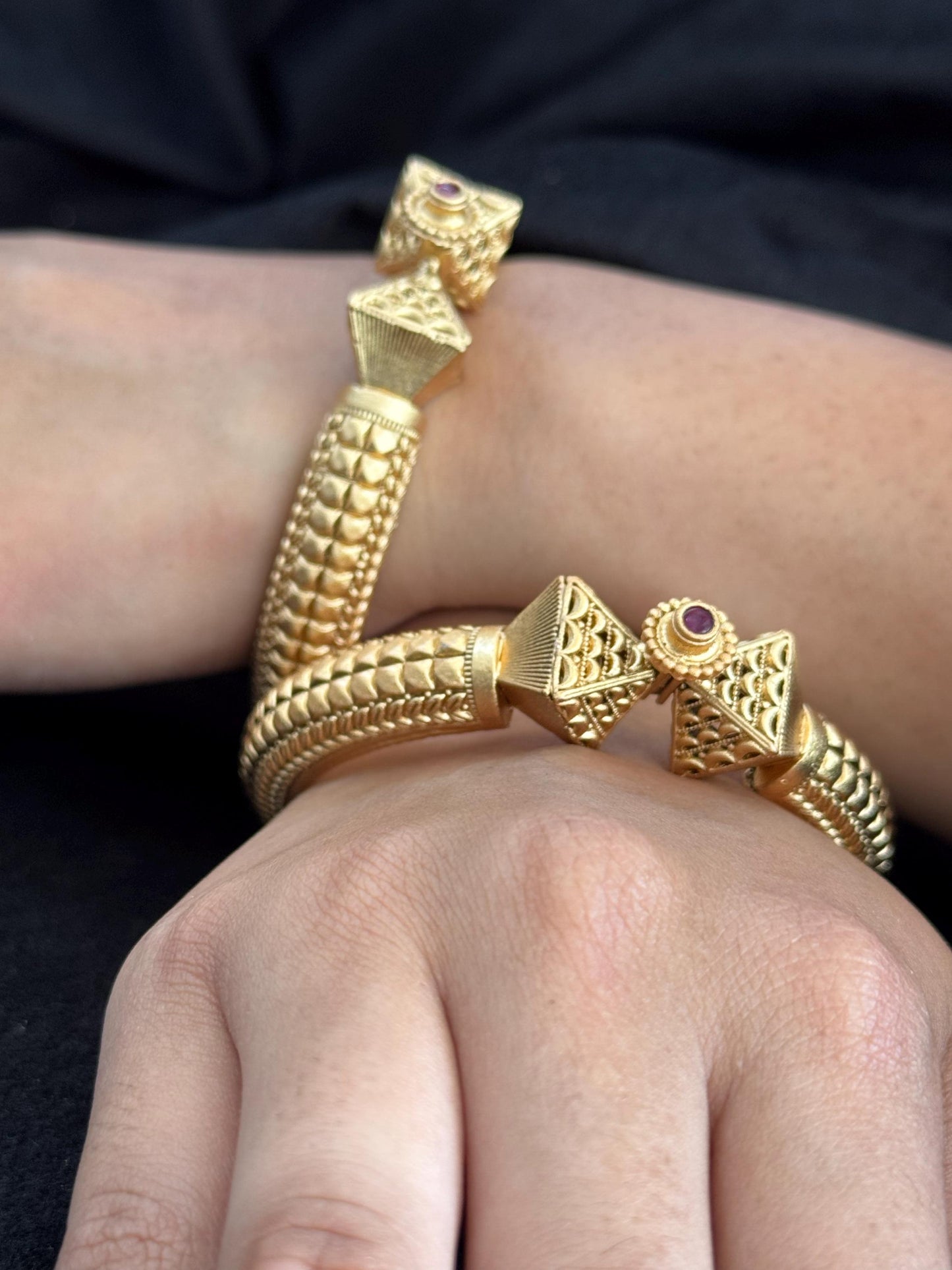 Temple-Inspired Cone Clasp Kada in Antique Matte Gold - Traditional Rajwadi kada.