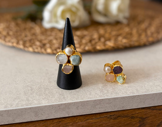 Bold Harmony Natural Stone Cluster Rings – Handcrafted 18k Gold-Plated Statement Ring