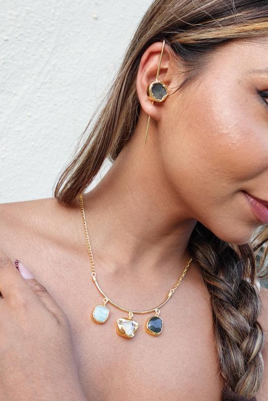 Raw Stone Minimalist Hook Earrings – 18K Gold Plated.