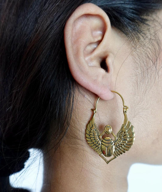 Scarab Wings Hoops - Egyptian-Inspired Double-Sided Brass Beetle Earrings