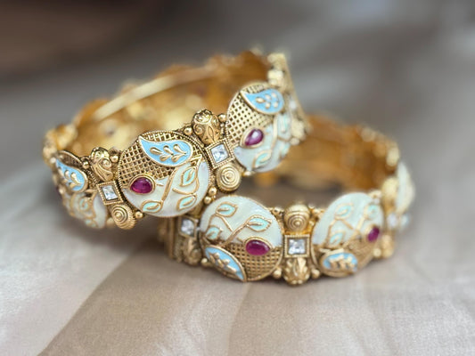 Ivory Enamel Leaf Kada - Hand-painted bridal kada.