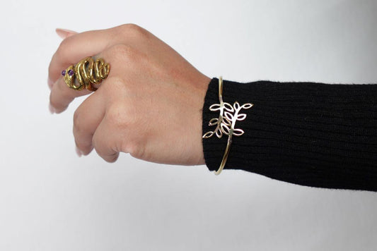 Leaf Motif Brass Adjustable Bracelet - Open cuff bracelet with a delicate leaf design—lightweight and nature-inspired.
