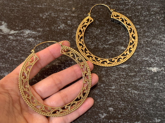 Vintage Mandala Hoop Brass Earrings - Classic brass hoops with mandala cutwork—perfect for ethnic or boho looks.