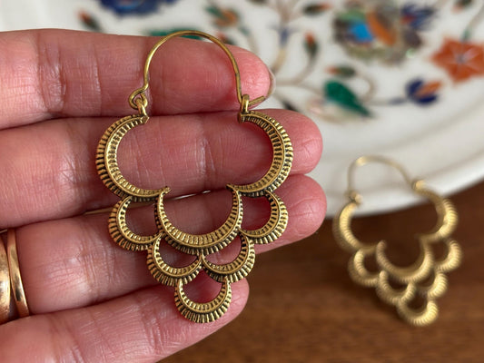 Antique Gold Crescent Layered Hoops - Boho Earrings.
