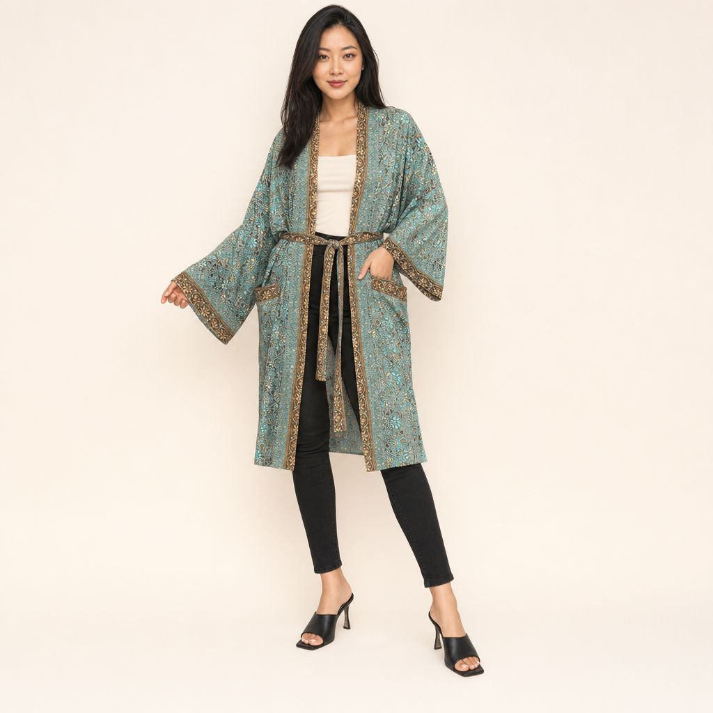 Metallic floral print viscose boho kimono in teal and gold — mid-knee length, front view