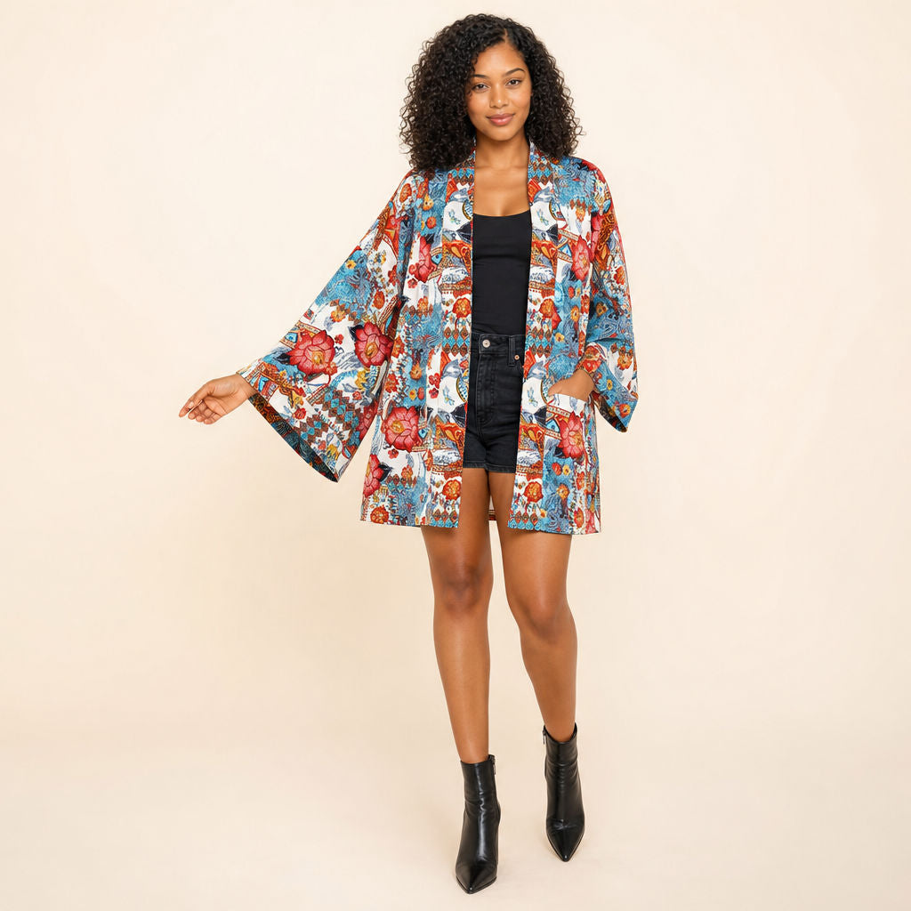 Floral patchwork viscose boho kimono in crimson