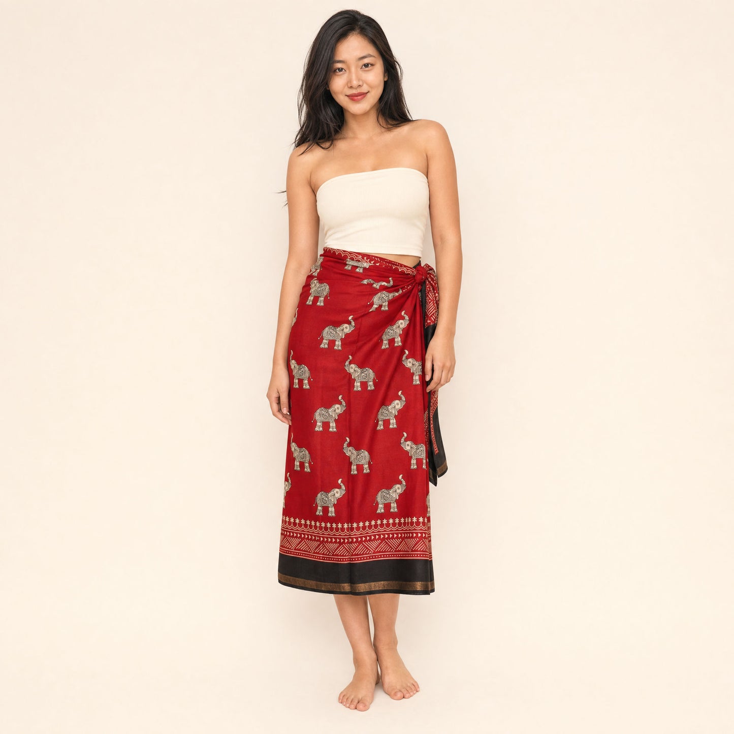 Elephant Print Sarong — Scarlet Tide, scarlet cotton-silk beach cover-up sarong by Boho Mantra