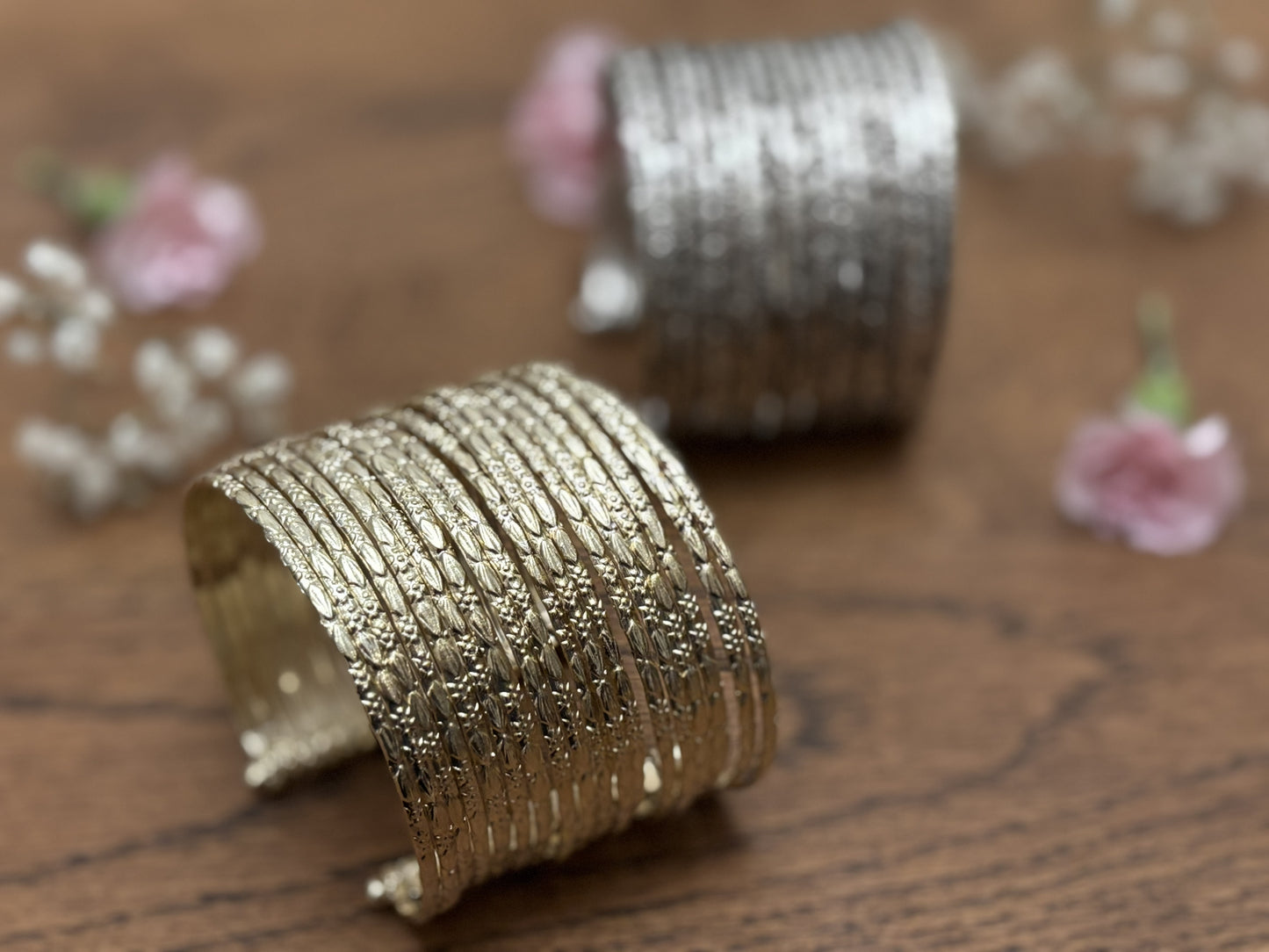 Adjustable hammered brass stack cuff bangles in gold and silver