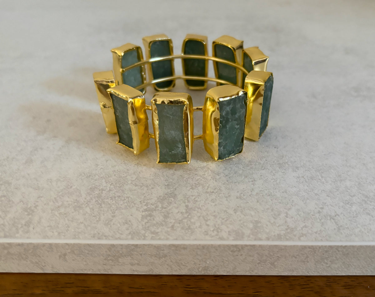 18K gold-plated open cuff bracelet with natural stone segments