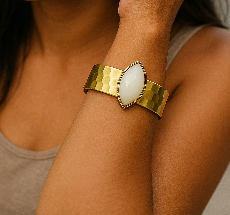 Teardrop gemstone hammered brass adjustable cuff bracelet
