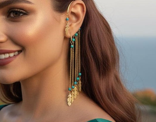 Boho Feather Chain Ear Cuff Earrings – Brass/Silver Statement Earrings