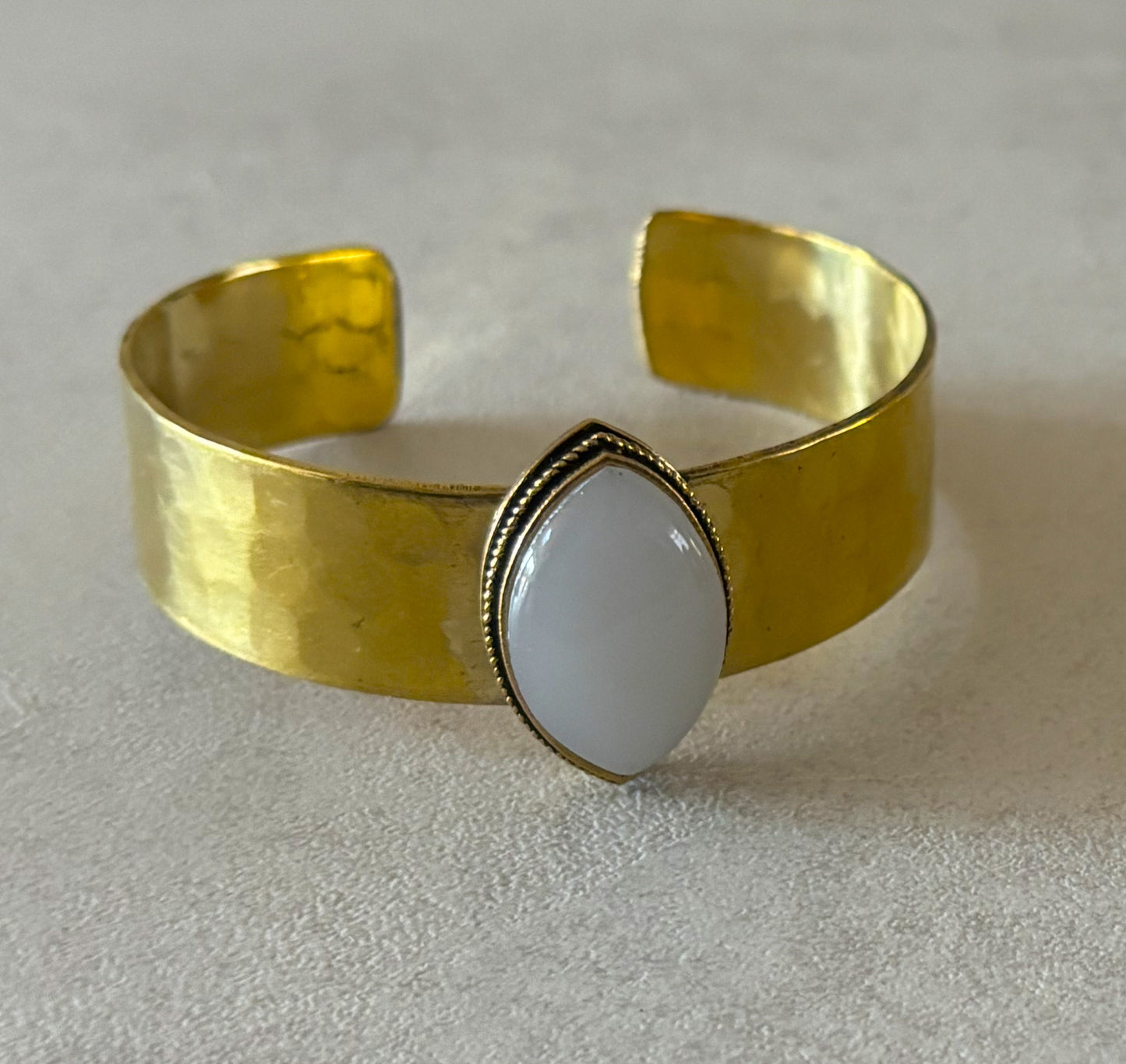 Teardrop Gemstone Hammered Brass Adjustable Cuff Bracelet