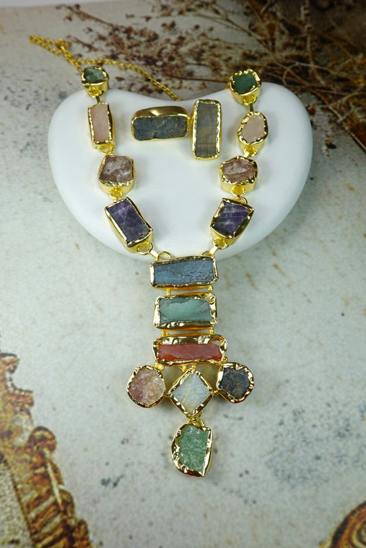 Raw Multi-Gemstone Statement Necklace & Earrings Set – 18K Gold-Plated jewellery Set..
