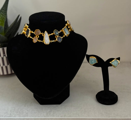 Handcrafted Gold-Plated Natural Stone Choker Set | Artisan Boho Necklace & Stud Earrings.