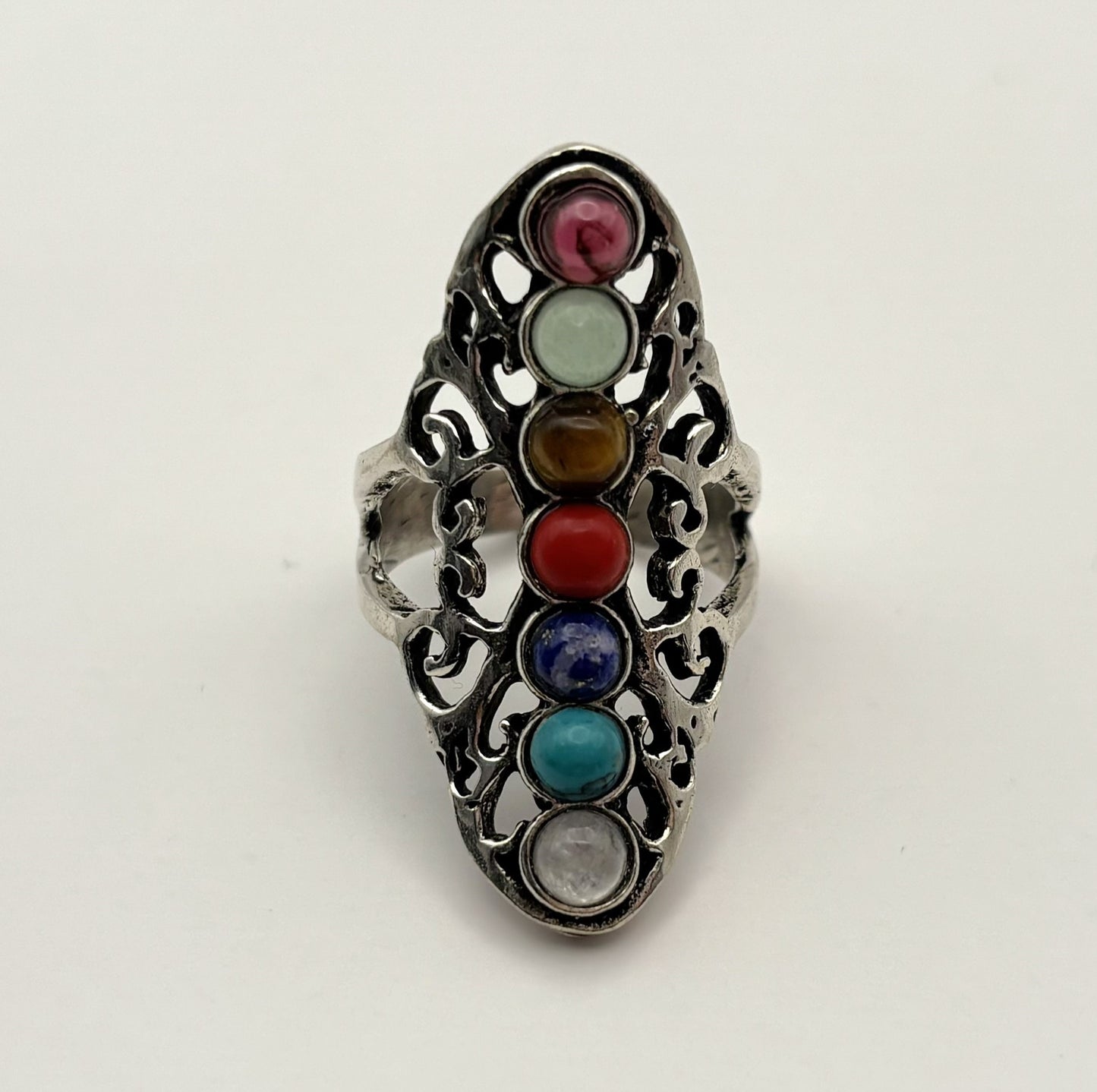 Bohemian Chakra Multi-Stone Adjustable Ring – Vintage Brass Statement Ring