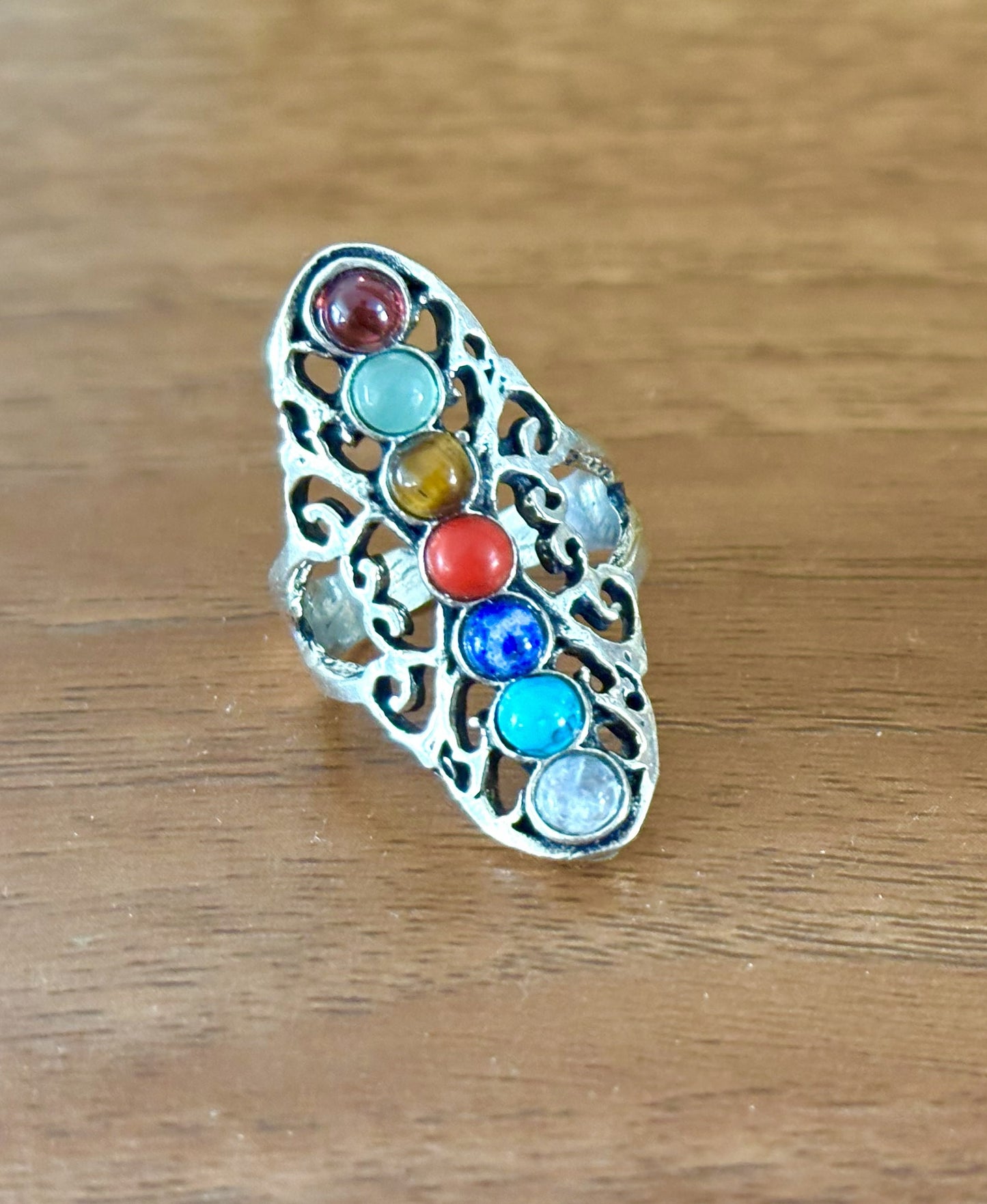 Bohemian Chakra Multi-Stone Adjustable Ring – Vintage Brass Statement Ring