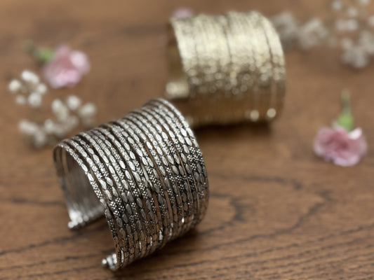 Hammered Gold/Sliver Finish Stack Cuff – Adjustable Brass Bangles Set.