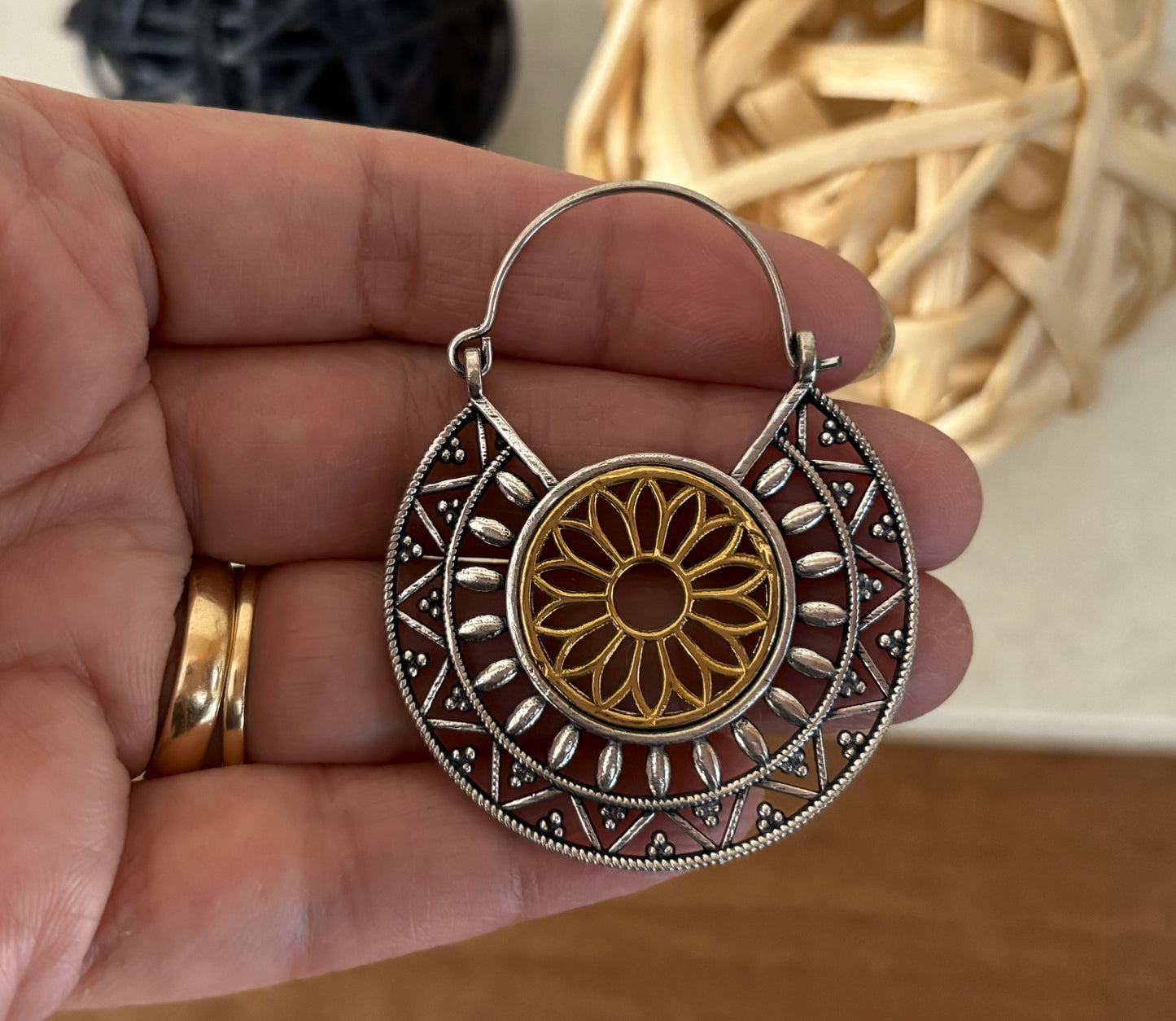 Dual Tone Mandala Brass Earrings – Boho Geometric Statement Earrings.