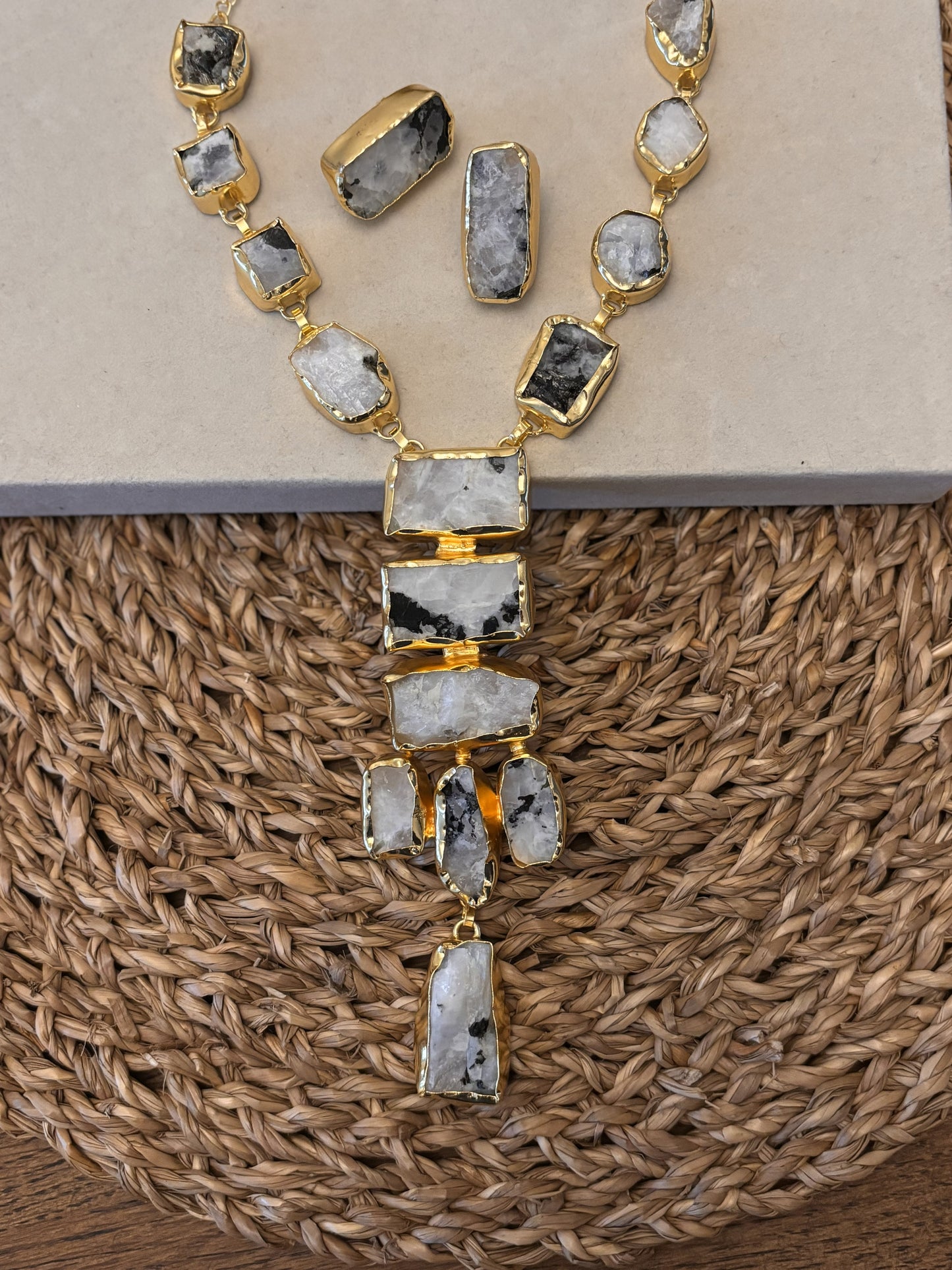 Raw Multi-Gemstone Statement Necklace & Earrings Set – 18K Gold-Plated jewellery Set..