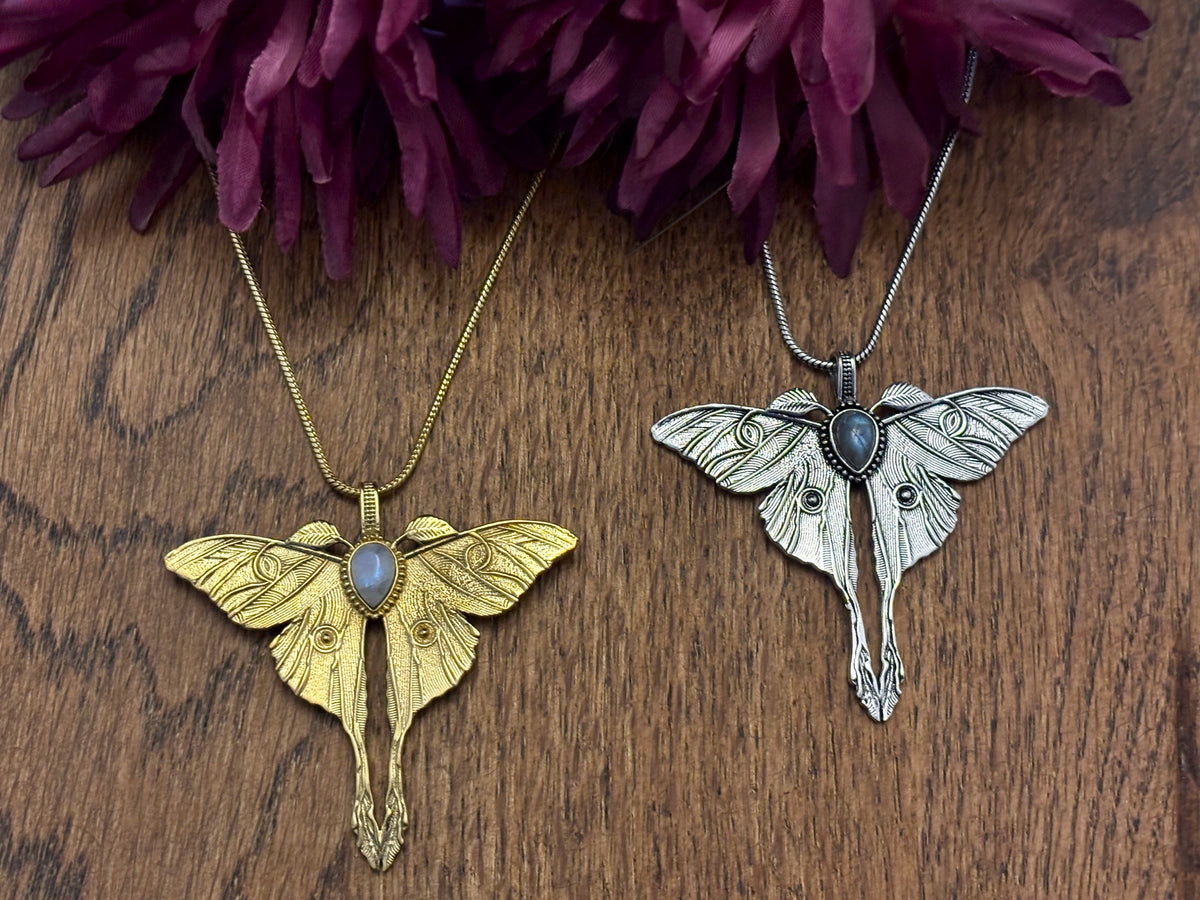 Gold and silver Luna Moth pendants with burgundy chrysanthemums