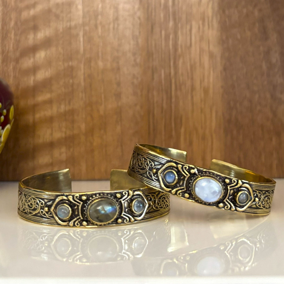 Aurora Moon brass cuffs with moonstone and labradorite