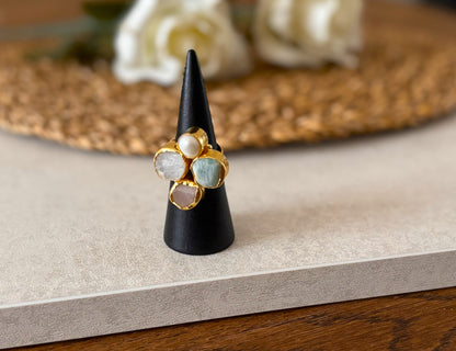 Bold Harmony Natural Stone Cluster Rings – Handcrafted  18k Gold-Plated Statement Ring
