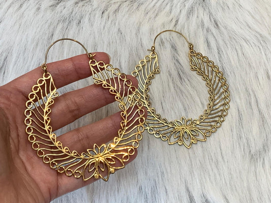 Golden Lotus Filigree Hoops - Intricate Mandala-Inspired Brass Statement Earrings.