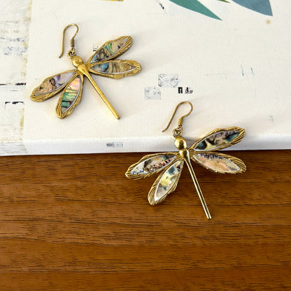 Abalone Shell Dragonfly Earrings — Rainbow Tide