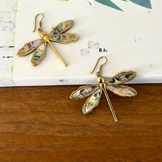 Abalone Shell Dragonfly Earrings — Rainbow Tide