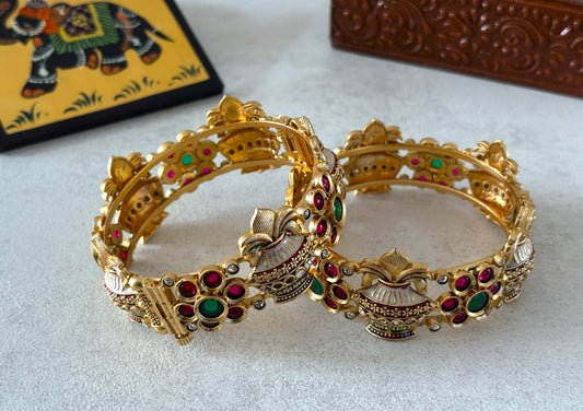 Matte Gold Polished Floral Motif Openable Kada – Handcrafted Brass Temple Bangles
