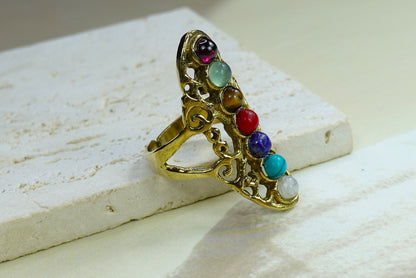 Bohemian Chakra Multi-Stone Adjustable Ring – Vintage Brass Statement Ring