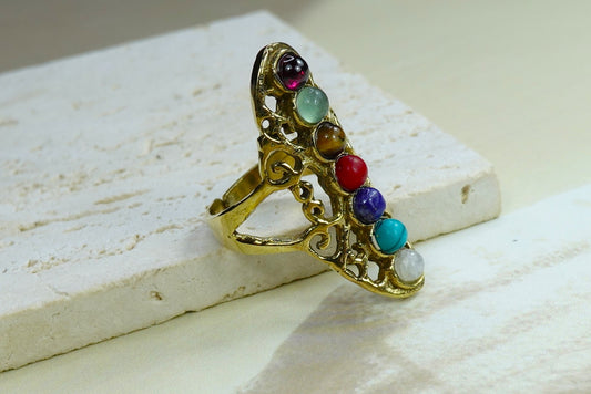 Bohemian Chakra Multi-Stone Adjustable Ring – Vintage Brass Statement Ring