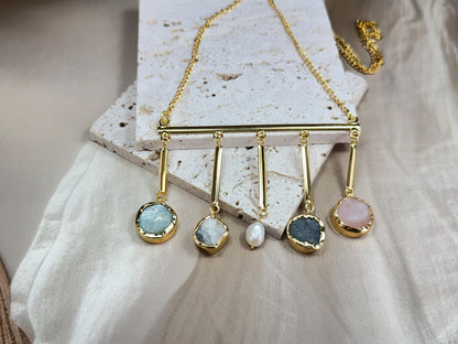 Bohemian Charm Necklace – Raw Natural Stones Drops on Gold Bar with Natural Pearl Accent.